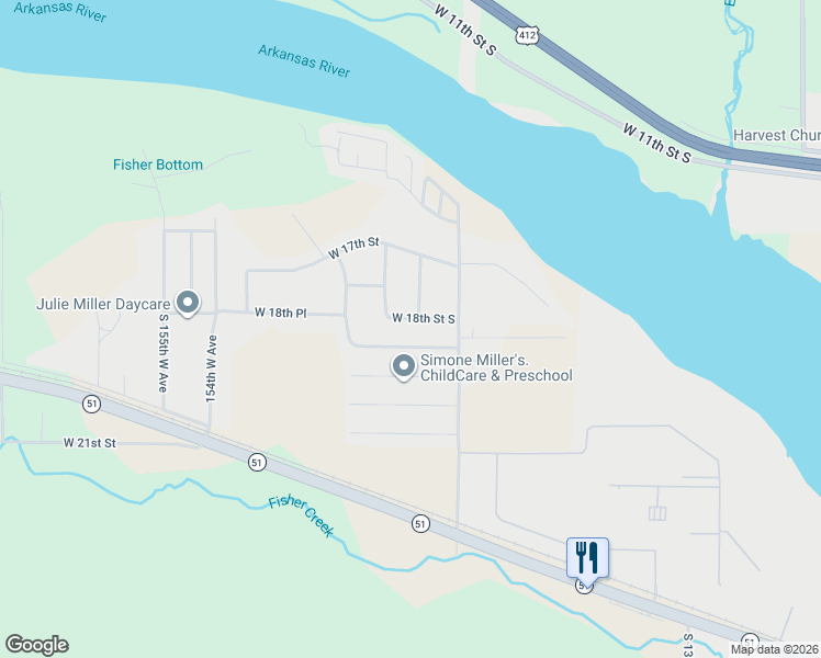 map of restaurants, bars, coffee shops, grocery stores, and more near 1859 South 147th West Avenue in Sand Springs