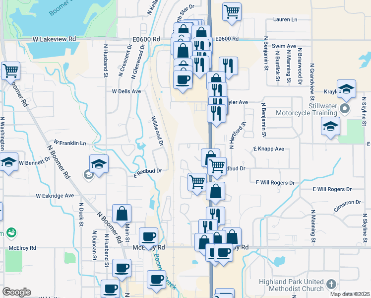 map of restaurants, bars, coffee shops, grocery stores, and more near 1616 North Perkins Road in Stillwater