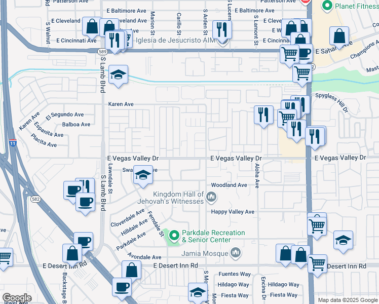 map of restaurants, bars, coffee shops, grocery stores, and more near 2883 Wheelwright Drive in Las Vegas