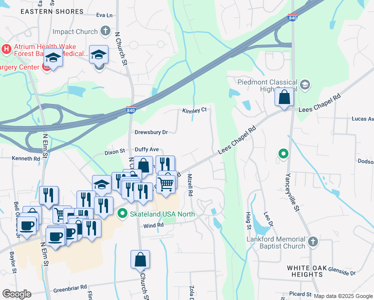 map of restaurants, bars, coffee shops, grocery stores, and more near 18 Spring Chapel Court in Greensboro