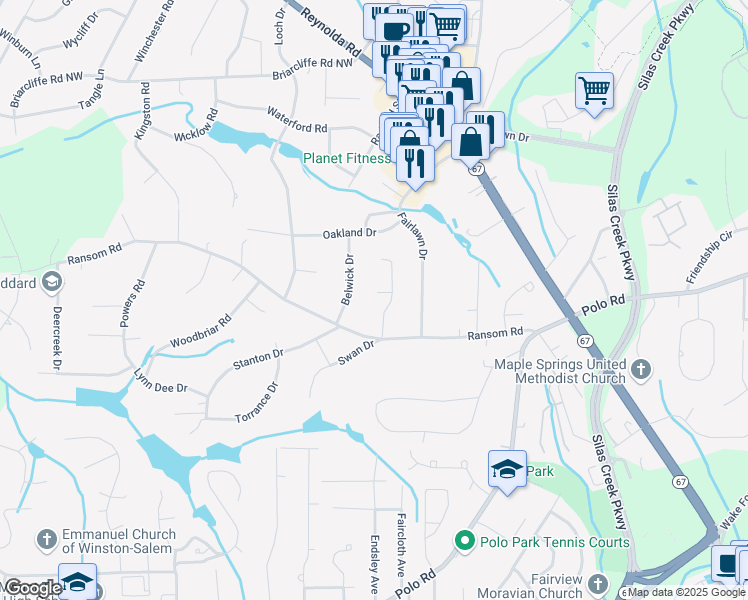 map of restaurants, bars, coffee shops, grocery stores, and more near 420 Swan Court in Winston-Salem
