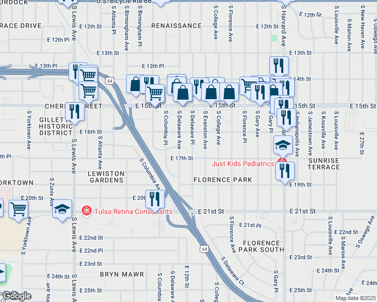 map of restaurants, bars, coffee shops, grocery stores, and more near 1617 South Delaware Avenue in Tulsa