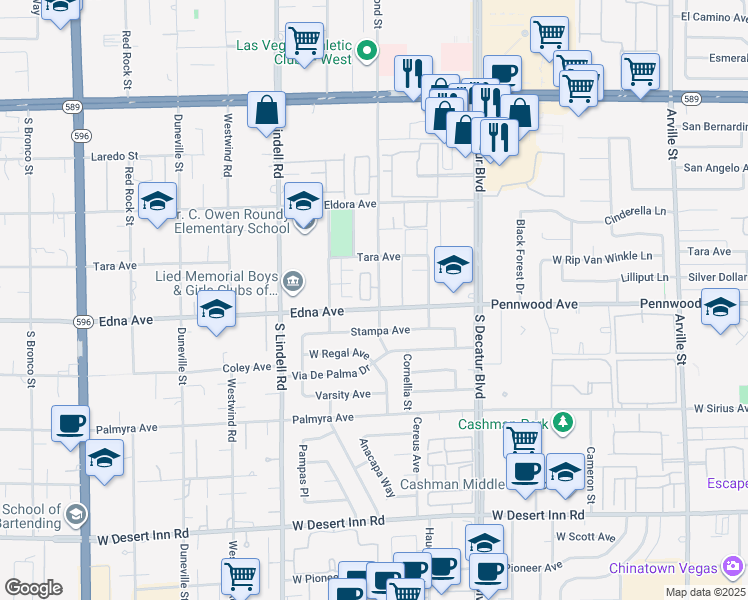 map of restaurants, bars, coffee shops, grocery stores, and more near 5282 Monterey Park Circle in Las Vegas