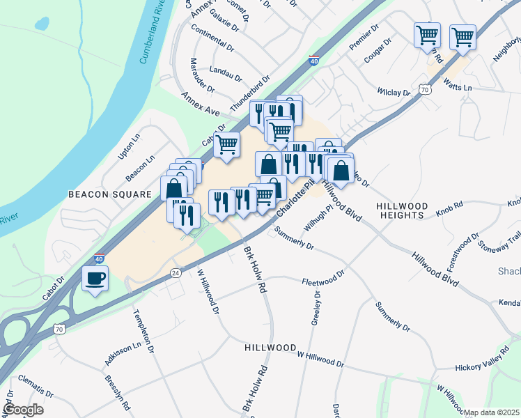 map of restaurants, bars, coffee shops, grocery stores, and more near 6680 Charlotte Pike in Nashville