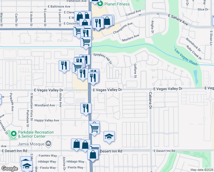 map of restaurants, bars, coffee shops, grocery stores, and more near 5070 East Vegas Valley Drive in Las Vegas