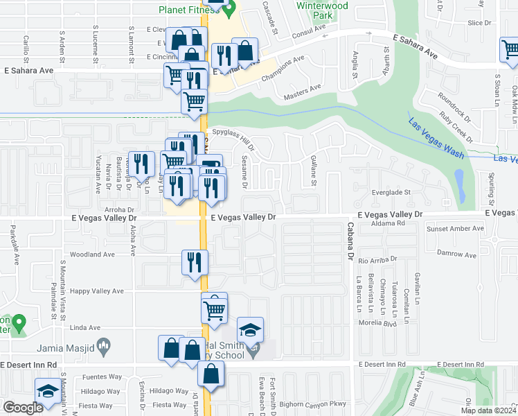 map of restaurants, bars, coffee shops, grocery stores, and more near 2981 Juniper Hills Boulevard in Las Vegas
