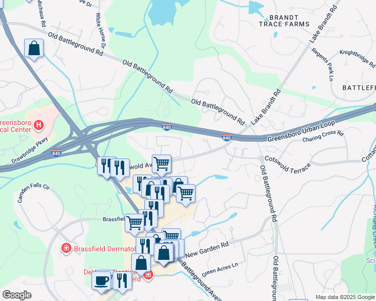 map of restaurants, bars, coffee shops, grocery stores, and more near 3716 Cotswold Avenue in Greensboro
