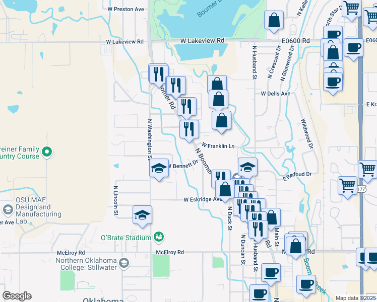 map of restaurants, bars, coffee shops, grocery stores, and more near 1520 North Boomer Road in Stillwater