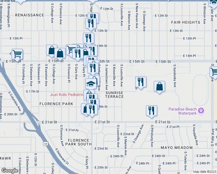 map of restaurants, bars, coffee shops, grocery stores, and more near 1635 South Jamestown Avenue in Tulsa