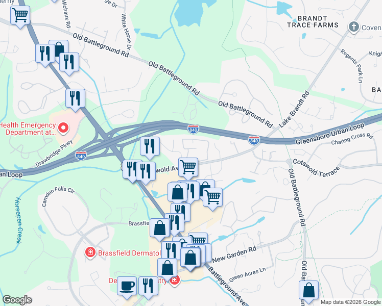 map of restaurants, bars, coffee shops, grocery stores, and more near 3834 Cotswold Avenue in Greensboro