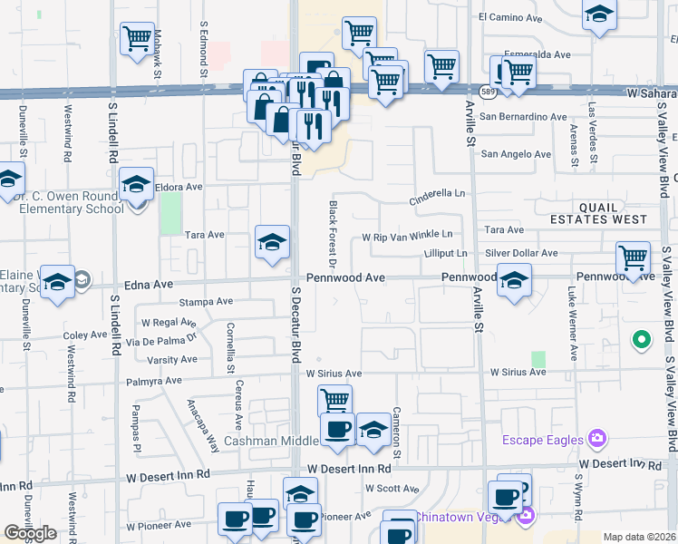 map of restaurants, bars, coffee shops, grocery stores, and more near 3113 Black Forest Drive in Las Vegas