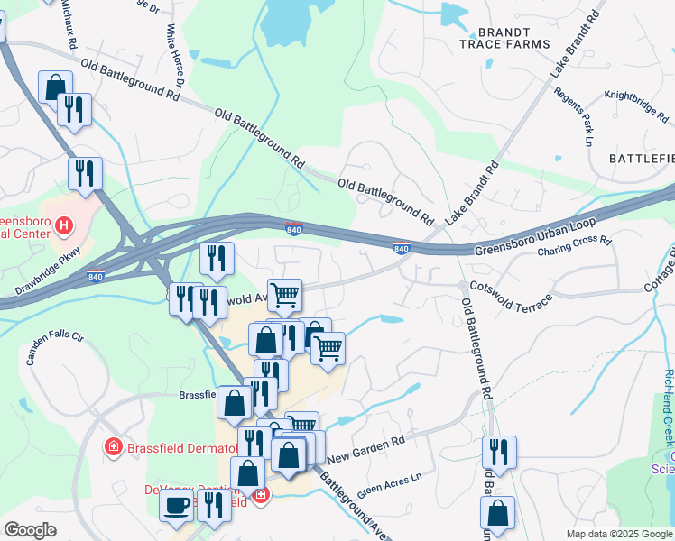 map of restaurants, bars, coffee shops, grocery stores, and more near 3716 Cotswold Avenue in Greensboro