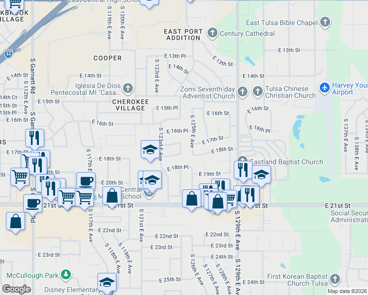 map of restaurants, bars, coffee shops, grocery stores, and more near 1701 South 124th East Avenue in Tulsa