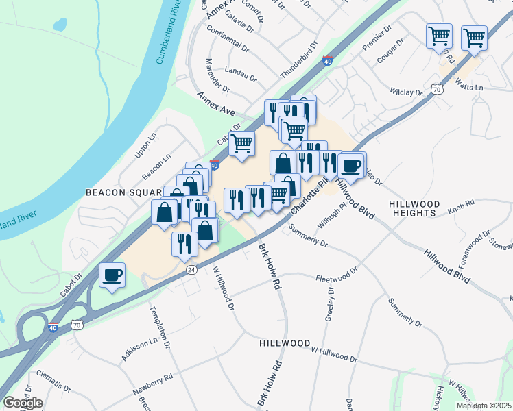 map of restaurants, bars, coffee shops, grocery stores, and more near 6680 Charlotte Pike in Nashville