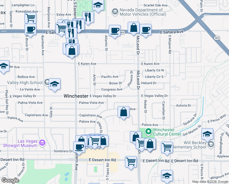 map of restaurants, bars, coffee shops, grocery stores, and more near 2800 Congress Avenue in Las Vegas
