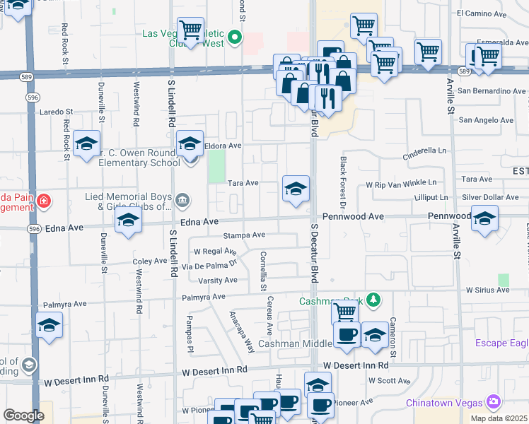 map of restaurants, bars, coffee shops, grocery stores, and more near 5061 Ranchovilla Court in Las Vegas