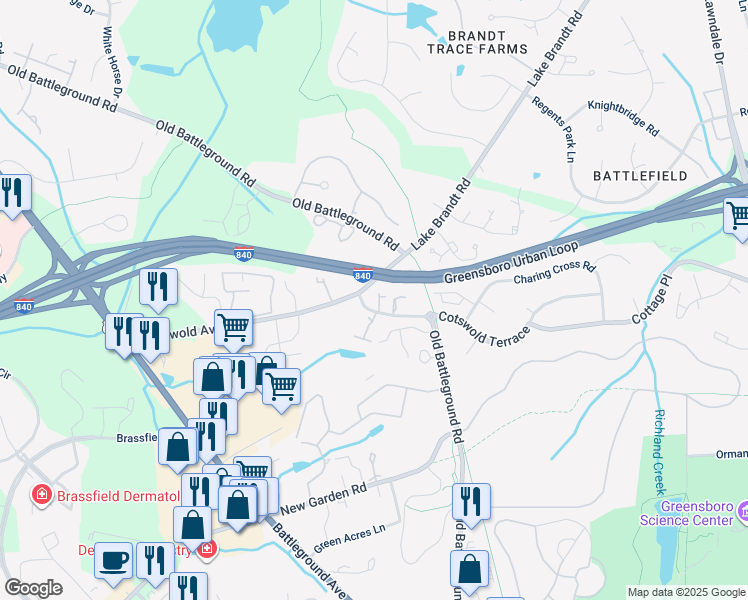 map of restaurants, bars, coffee shops, grocery stores, and more near 4401 Old Battleground Road in Greensboro
