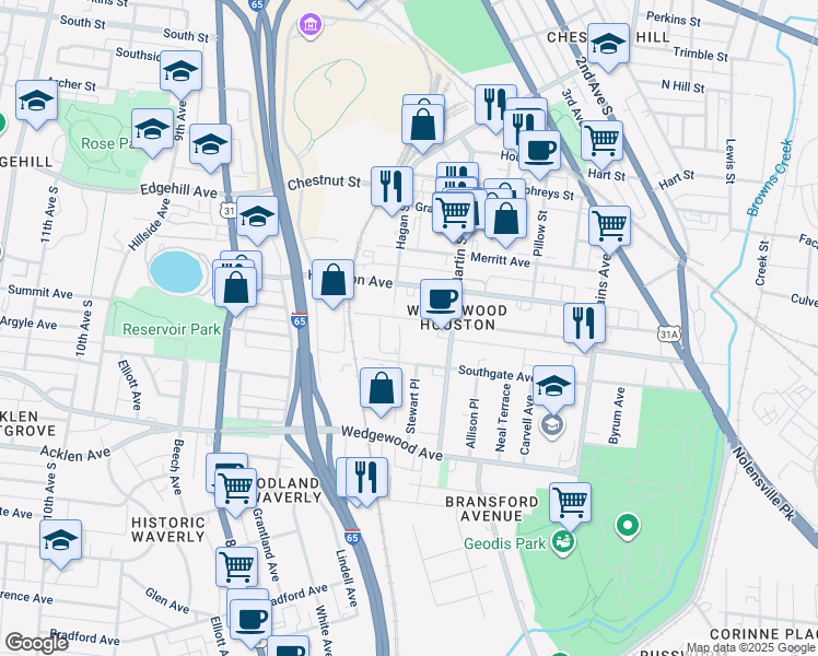 map of restaurants, bars, coffee shops, grocery stores, and more near 624 Moore Avenue in Nashville