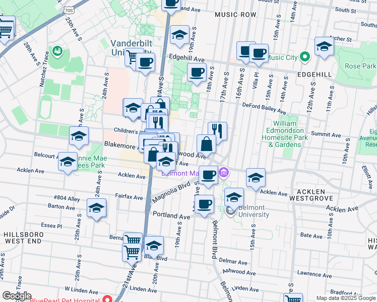 map of restaurants, bars, coffee shops, grocery stores, and more near 1614 19th Avenue South in Nashville