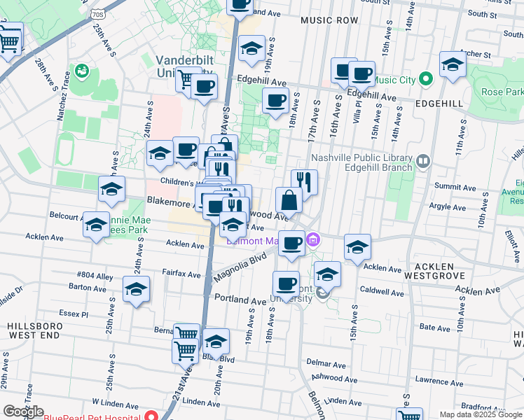 map of restaurants, bars, coffee shops, grocery stores, and more near 1614 19th Avenue South in Nashville