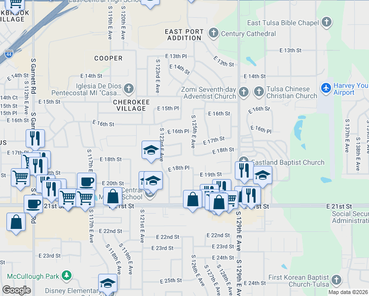 map of restaurants, bars, coffee shops, grocery stores, and more near 1701 South 124th East Avenue in Tulsa