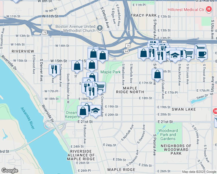 map of restaurants, bars, coffee shops, grocery stores, and more near 1702 South Detroit Avenue in Tulsa