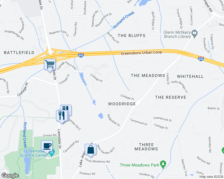 map of restaurants, bars, coffee shops, grocery stores, and more near 2507 Cottage Place in Greensboro