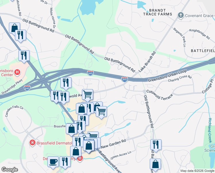 map of restaurants, bars, coffee shops, grocery stores, and more near 3696 Cotswold Avenue in Greensboro