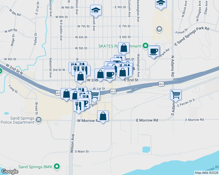 map of restaurants, bars, coffee shops, grocery stores, and more near 102 North Main Street in Sand Springs