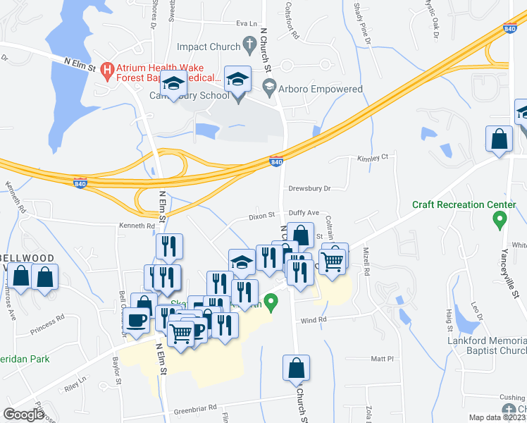map of restaurants, bars, coffee shops, grocery stores, and more near 300 Dixon Street in Greensboro