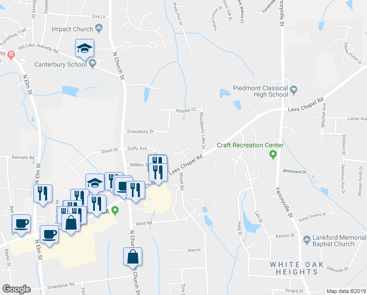 map of restaurants, bars, coffee shops, grocery stores, and more near 18 Spring Chapel Court in Greensboro