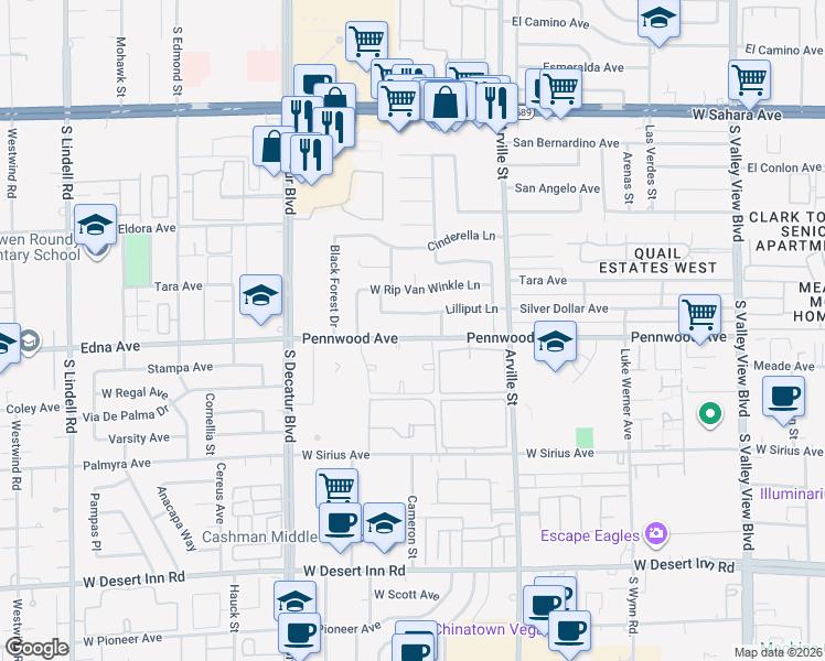 map of restaurants, bars, coffee shops, grocery stores, and more near 4613 Lilliput Lane in Las Vegas