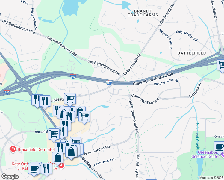 map of restaurants, bars, coffee shops, grocery stores, and more near 3708 Cotswold Terrace in Greensboro