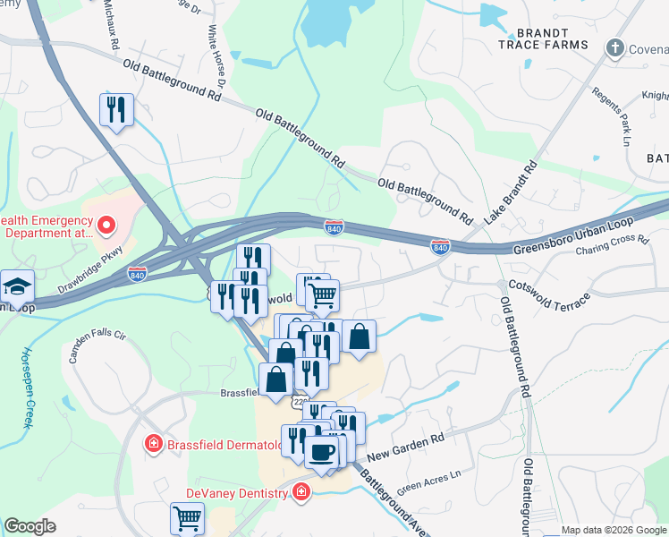 map of restaurants, bars, coffee shops, grocery stores, and more near 3834 Cotswold Avenue in Greensboro