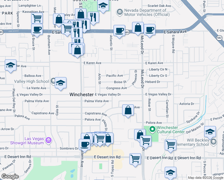 map of restaurants, bars, coffee shops, grocery stores, and more near 2586 Congress Avenue in Las Vegas