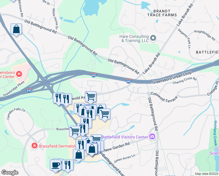 map of restaurants, bars, coffee shops, grocery stores, and more near 3710 Cotswold Avenue in Greensboro