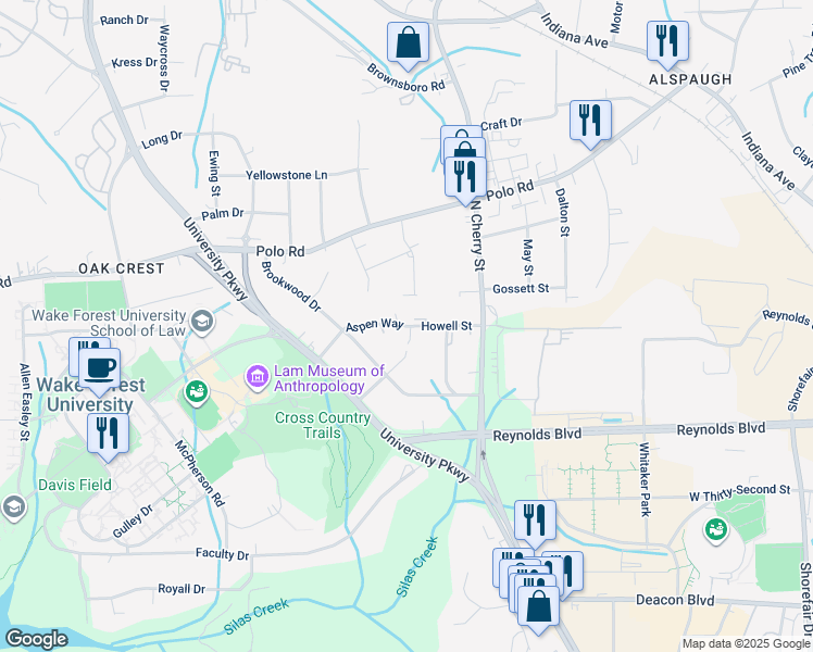 map of restaurants, bars, coffee shops, grocery stores, and more near Howell Street in Winston-Salem