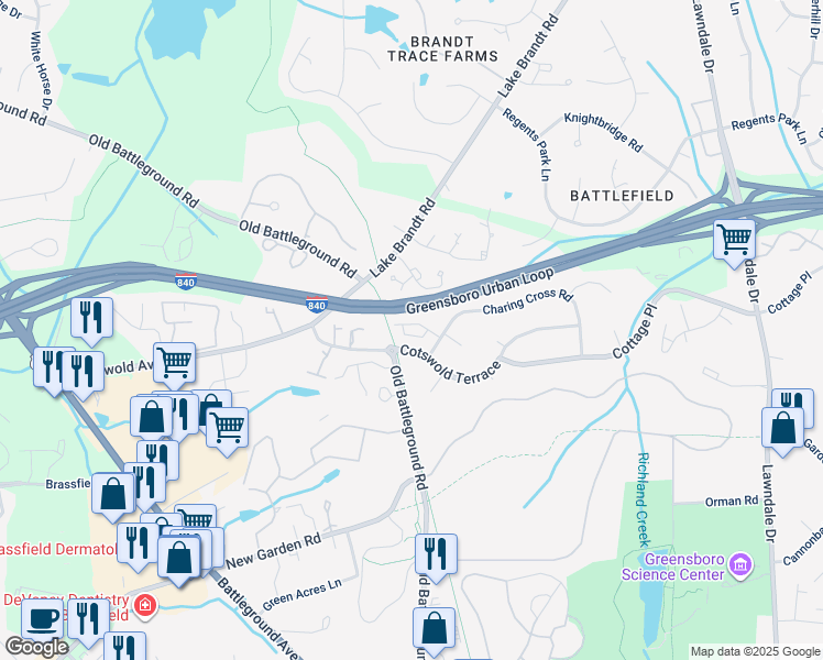 map of restaurants, bars, coffee shops, grocery stores, and more near 18 Liberty Square Circle in Greensboro
