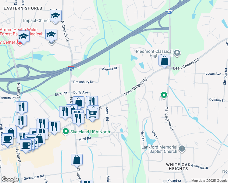 map of restaurants, bars, coffee shops, grocery stores, and more near 12 Spring Chapel Court in Greensboro