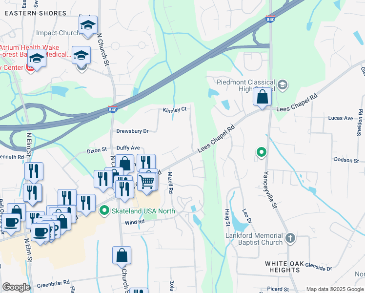 map of restaurants, bars, coffee shops, grocery stores, and more near 12 Spring Chapel Court in Greensboro