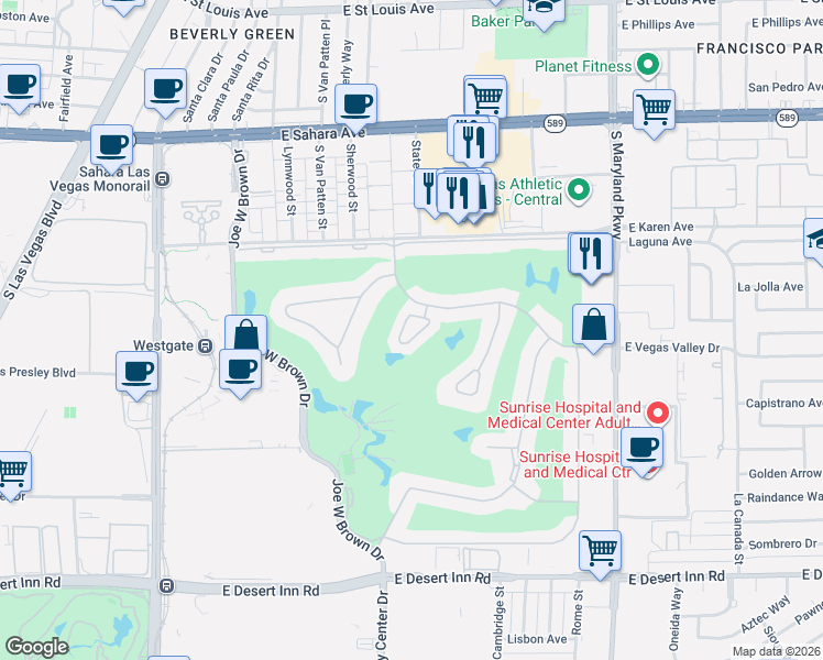 map of restaurants, bars, coffee shops, grocery stores, and more near 2824 Queens Courtyard Drive in Las Vegas