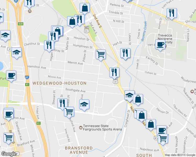 map of restaurants, bars, coffee shops, grocery stores, and more near Mallory St in Nashville