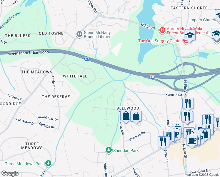 map of restaurants, bars, coffee shops, grocery stores, and more near 5 Thames Court in Greensboro