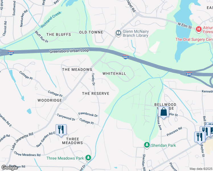 map of restaurants, bars, coffee shops, grocery stores, and more near 14 Holly Springs Lane in Greensboro