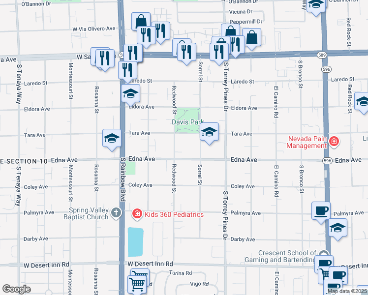 map of restaurants, bars, coffee shops, grocery stores, and more near 2868 Redwood Street in Las Vegas