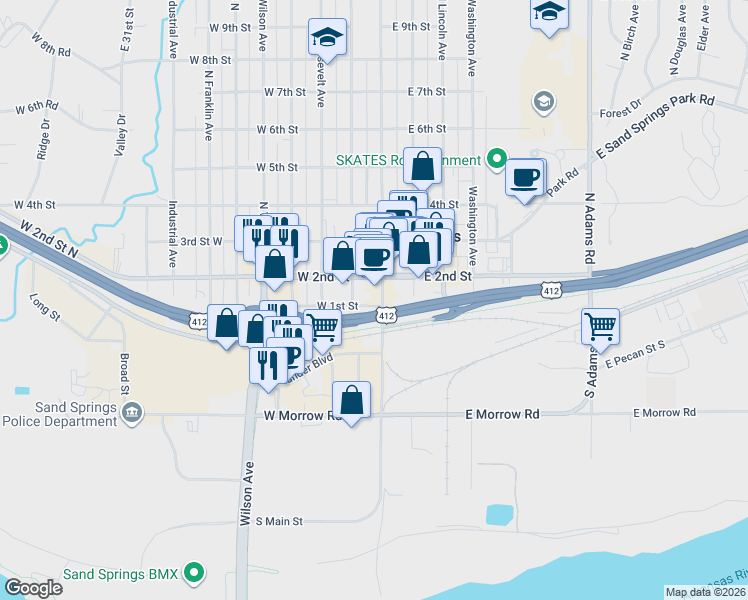 map of restaurants, bars, coffee shops, grocery stores, and more near 102 North Main Street in Sand Springs