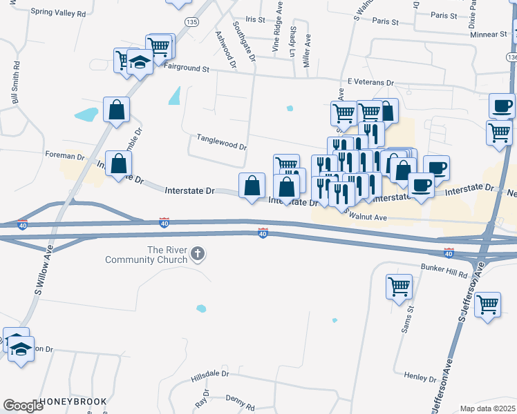 map of restaurants, bars, coffee shops, grocery stores, and more near 1450 Interstate Drive in Cookeville