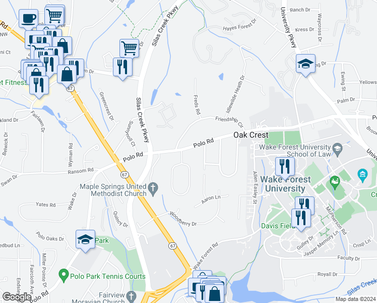 map of restaurants, bars, coffee shops, grocery stores, and more near 1426 Polo Road in Winston-Salem
