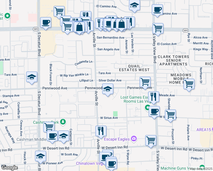 map of restaurants, bars, coffee shops, grocery stores, and more near 4337 Silver Dollar Avenue in Las Vegas