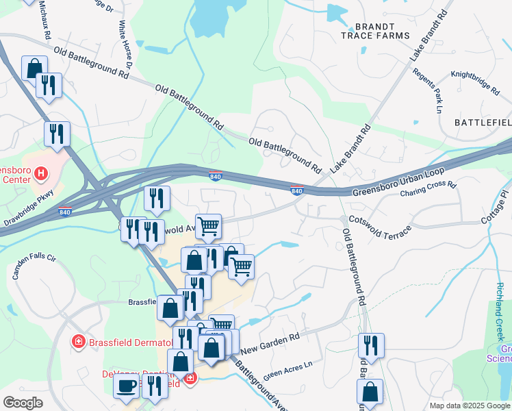 map of restaurants, bars, coffee shops, grocery stores, and more near 3710 Cotswold Avenue in Greensboro
